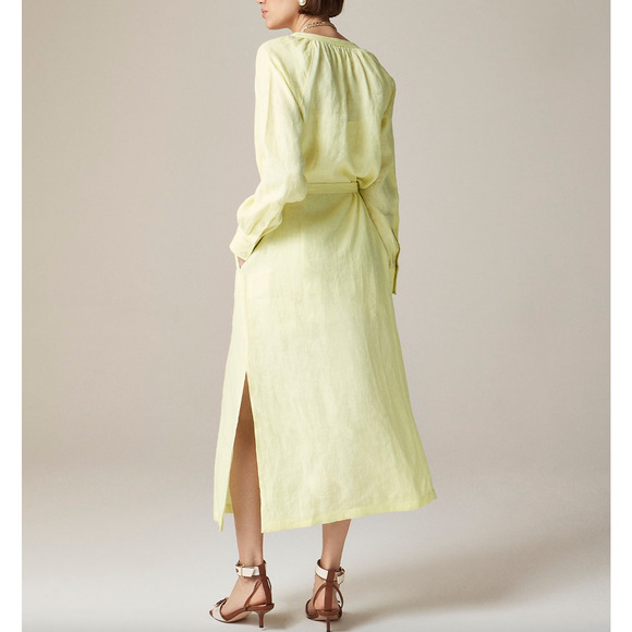 J.Crew Cabana Dress Linen Midi Long Sleeve Pale Flax Yellow Belted Small NWT - Picture 3 of 15